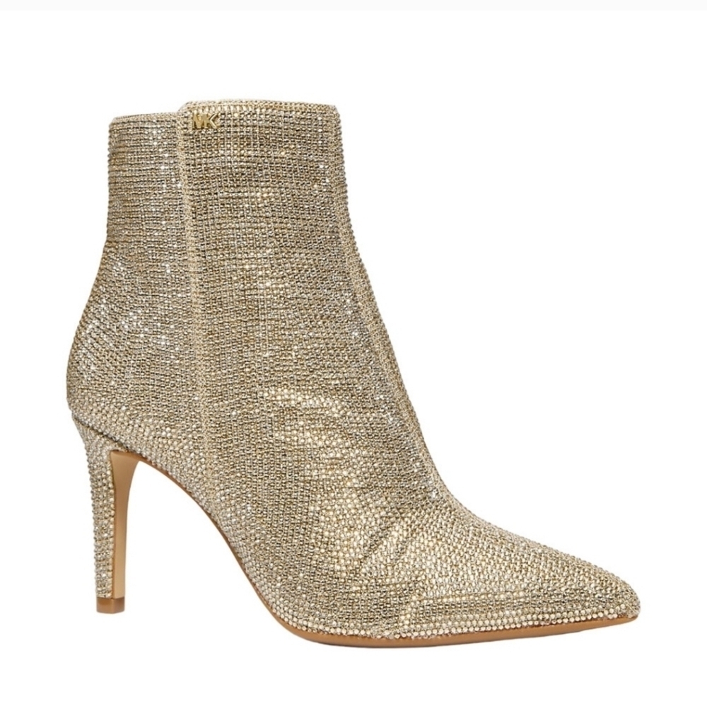 Michael Kors Dorothy Flex Mid Bootie Crystal Embellished Gold Bootie Boot Sz 9M